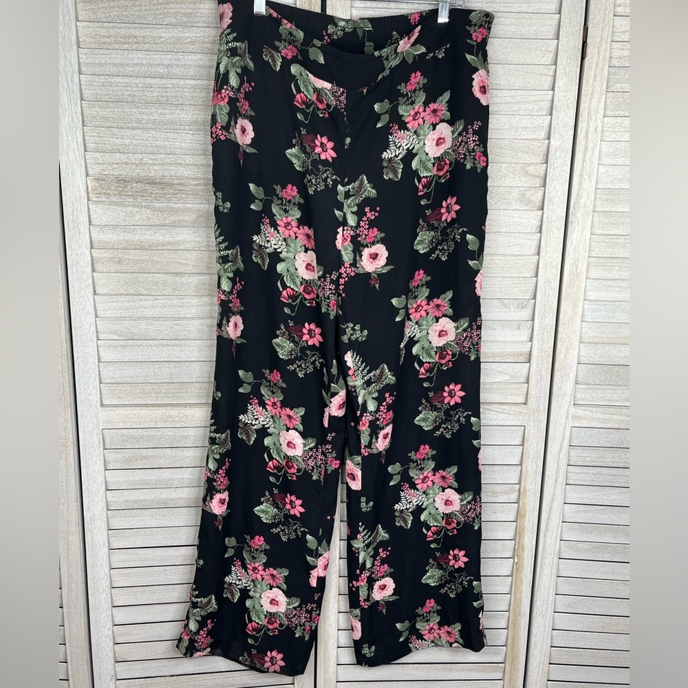 NINE WEST Casual Floral Print Pull On Pants Flared Hem Black/Pink-Large